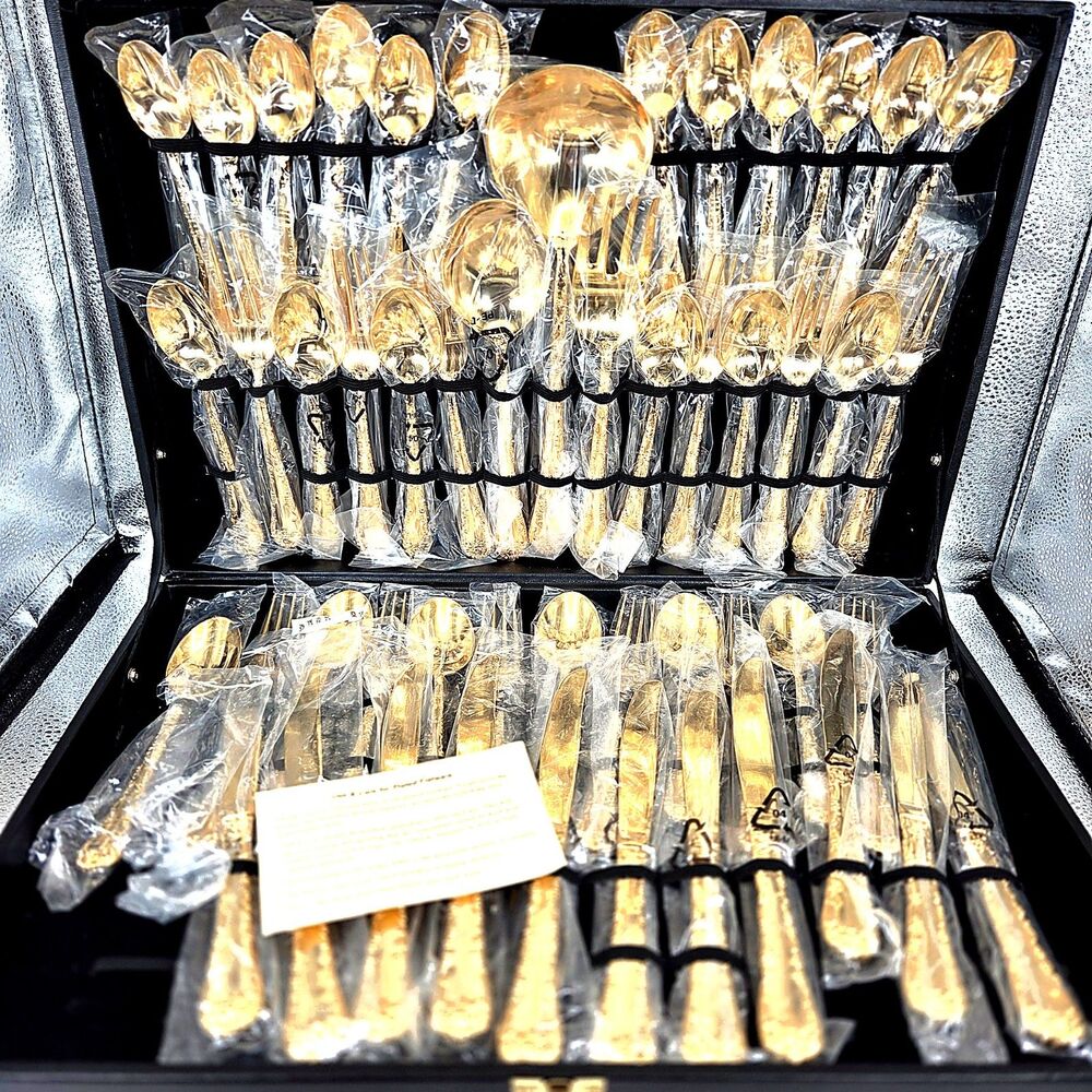 Gold Tone Floral Flatware Set 12pc Serving Utensils Case Vintage NEW old stock